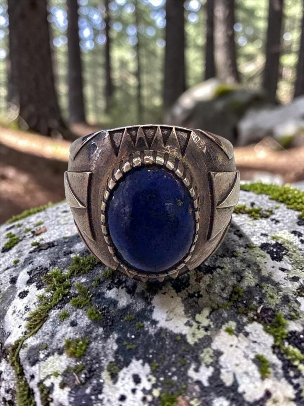 Vintage Kingdom Silver Lapis Wide Band Statement Ring Sculptural Cutout Gallery